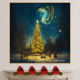A Surreal Night Scene of a Glowing Christmas Tree on Ready to Hang 1.5" Thick Canvas Wrap, Floating Framed Canvas, Flat Rolled Canvas